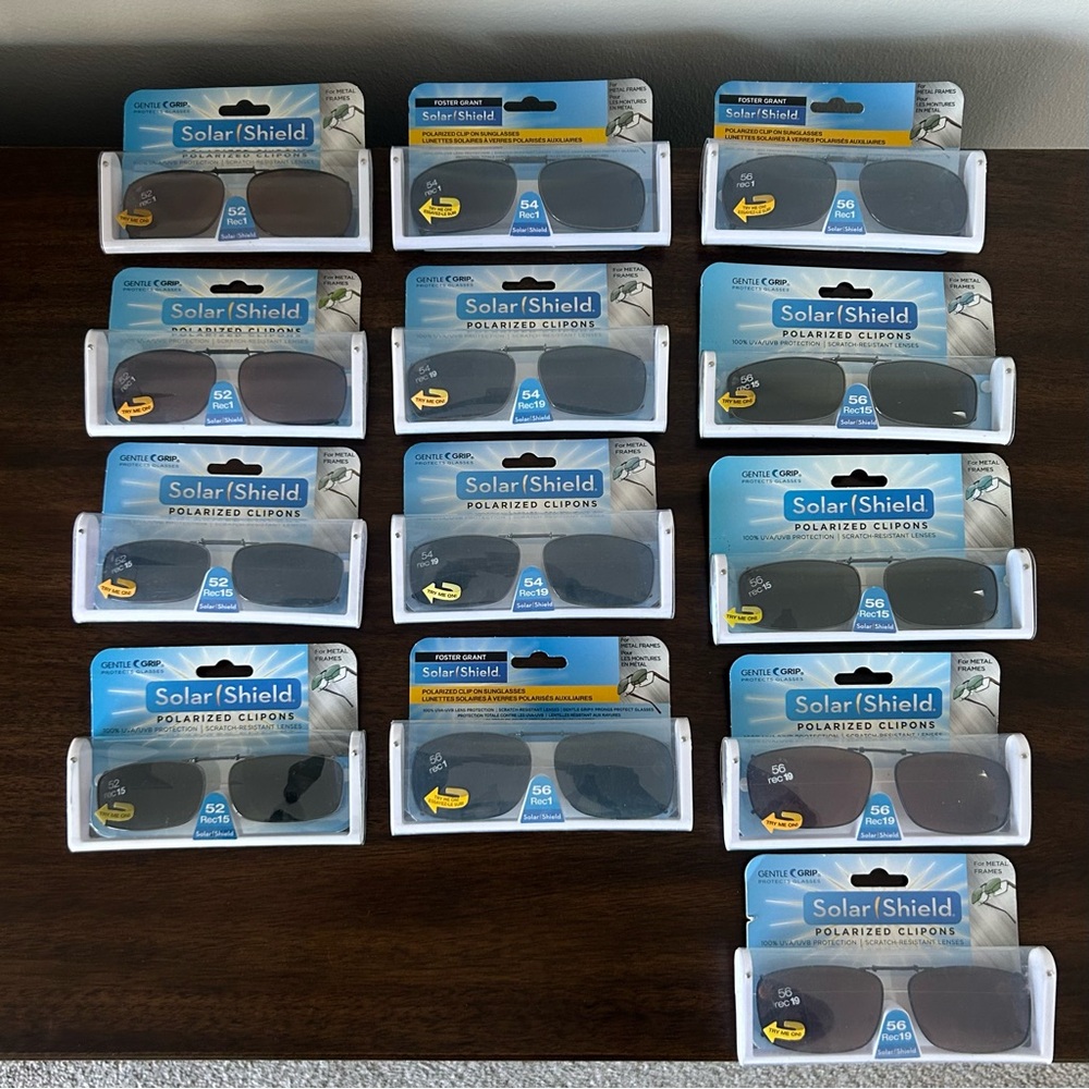 13 NWT Gentle Grip Solar Shield Polarized Clipons 100% UVA/UVB Bundle Lot New